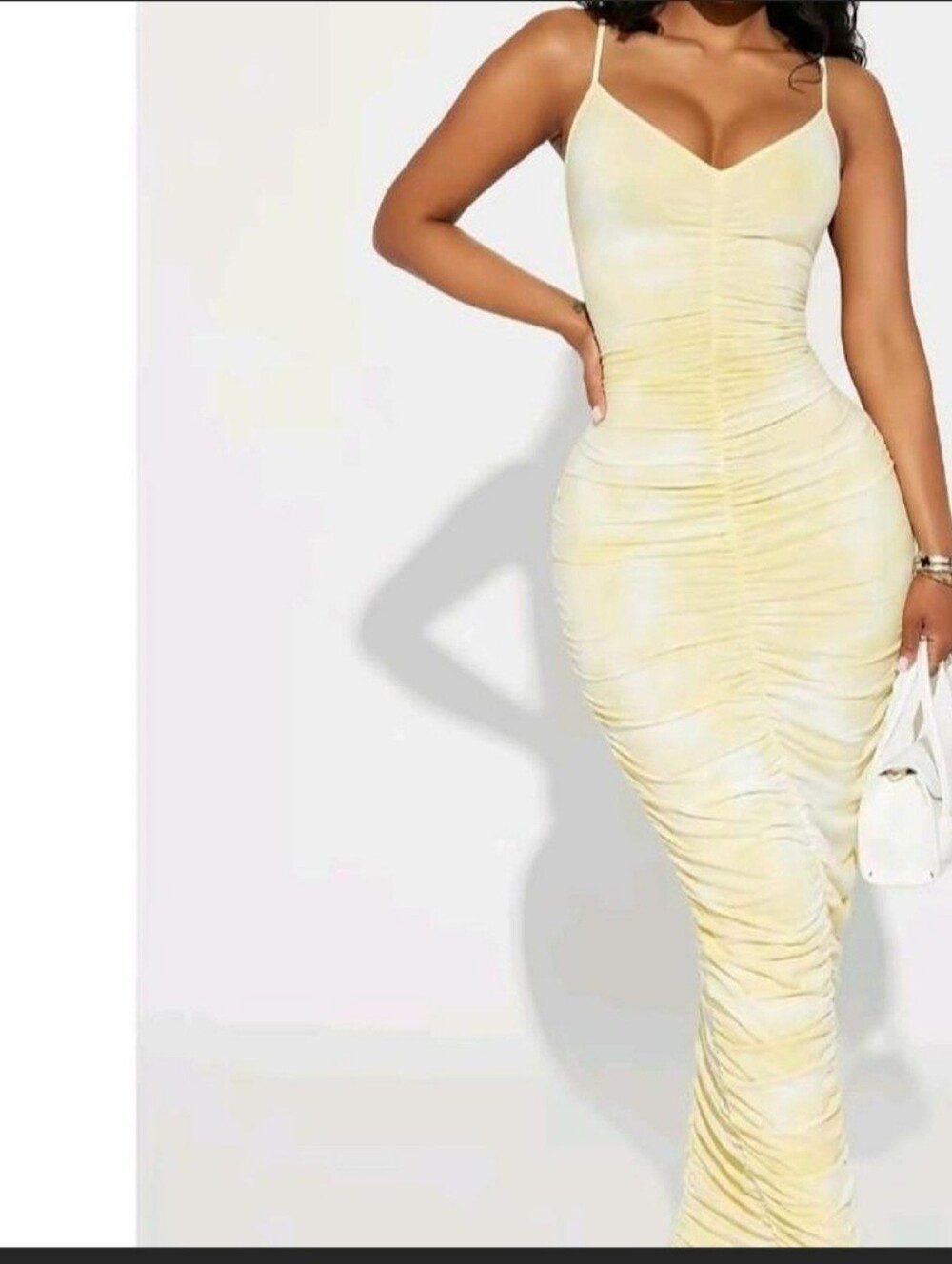 Fashion Nova Pale Yellow Ruched Spaghetti-Strap Maxi Dress